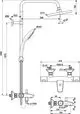 Duschsystem von Ideal Standard mit Wandmontage, inkludiert Handbrause, Kopfbrause und Armatur, dargestellt in technischen Ansichten und Maßen.